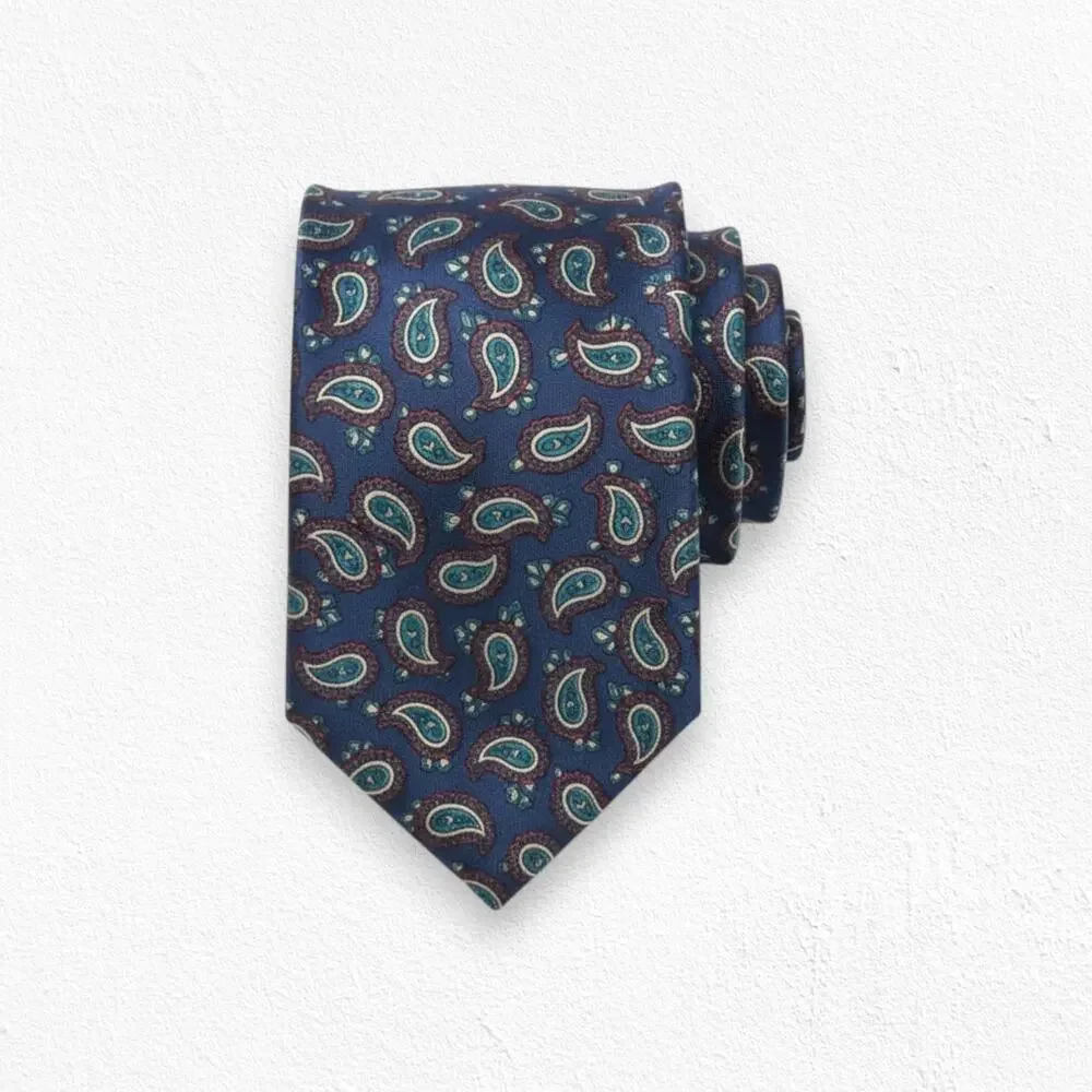 80s Vintage Navy Green Paisley London Mallory and Church Neck Tie 3.75 x 59